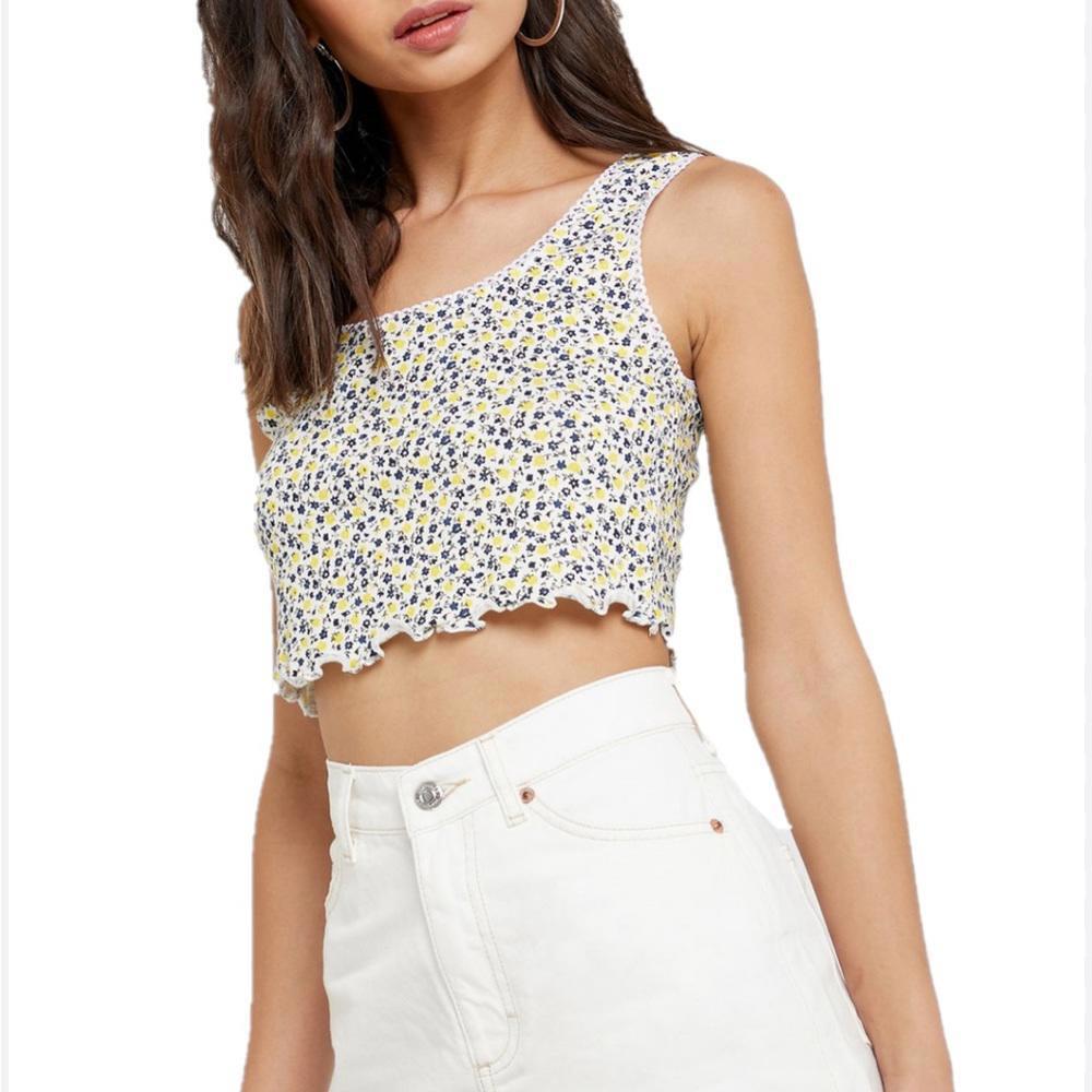 Topshop Cropped Lettuce Hem Ditsy Floral Print Tank Top